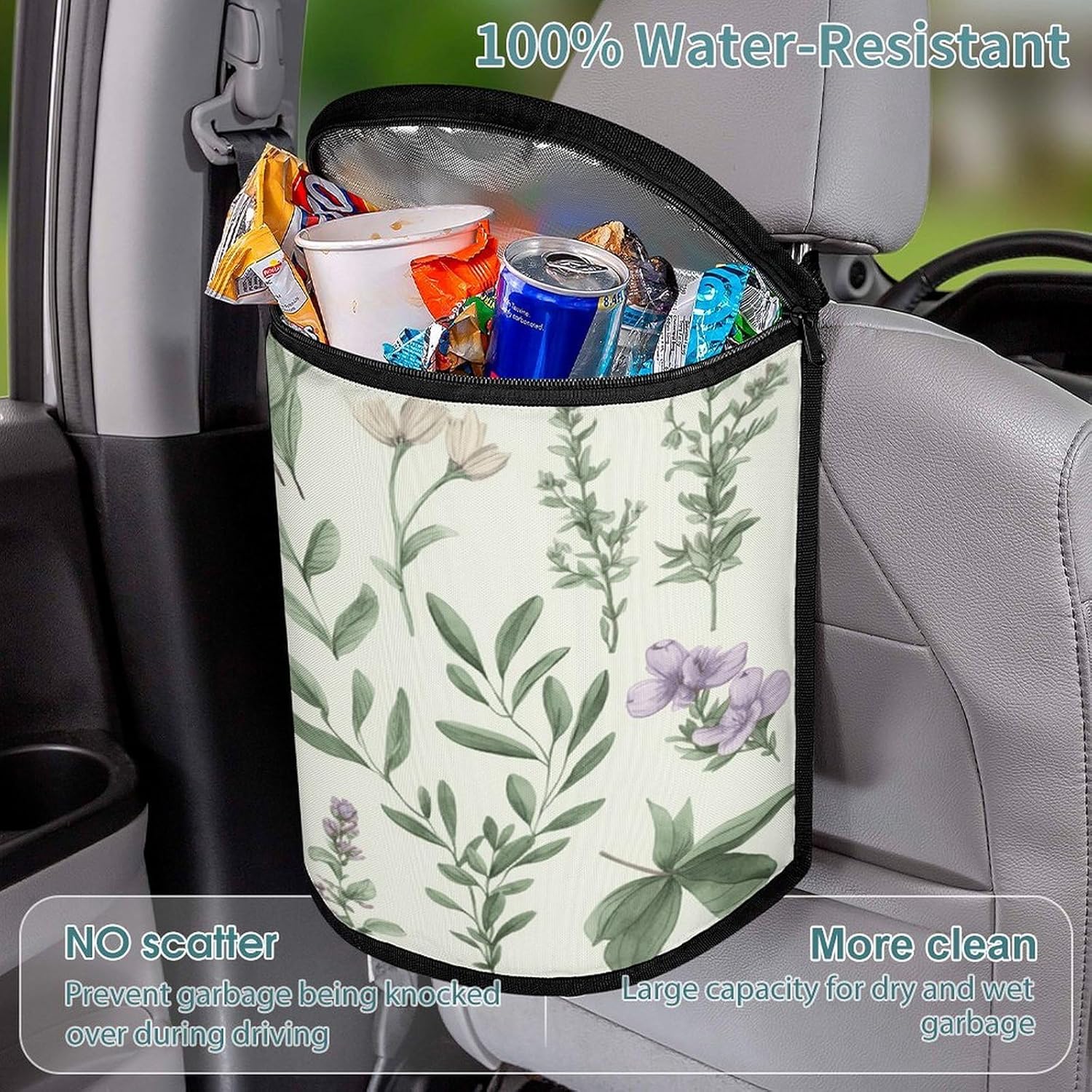 Green Flower Herb Sage Leaves And Branches Car Trash Can 5.4 Gallon Smell Proof Hanging Car Garbage Bag with Lid Multipurpose Vehicle Garbage Organizer Cars Trash Bag for Outdoor Travel Home Use