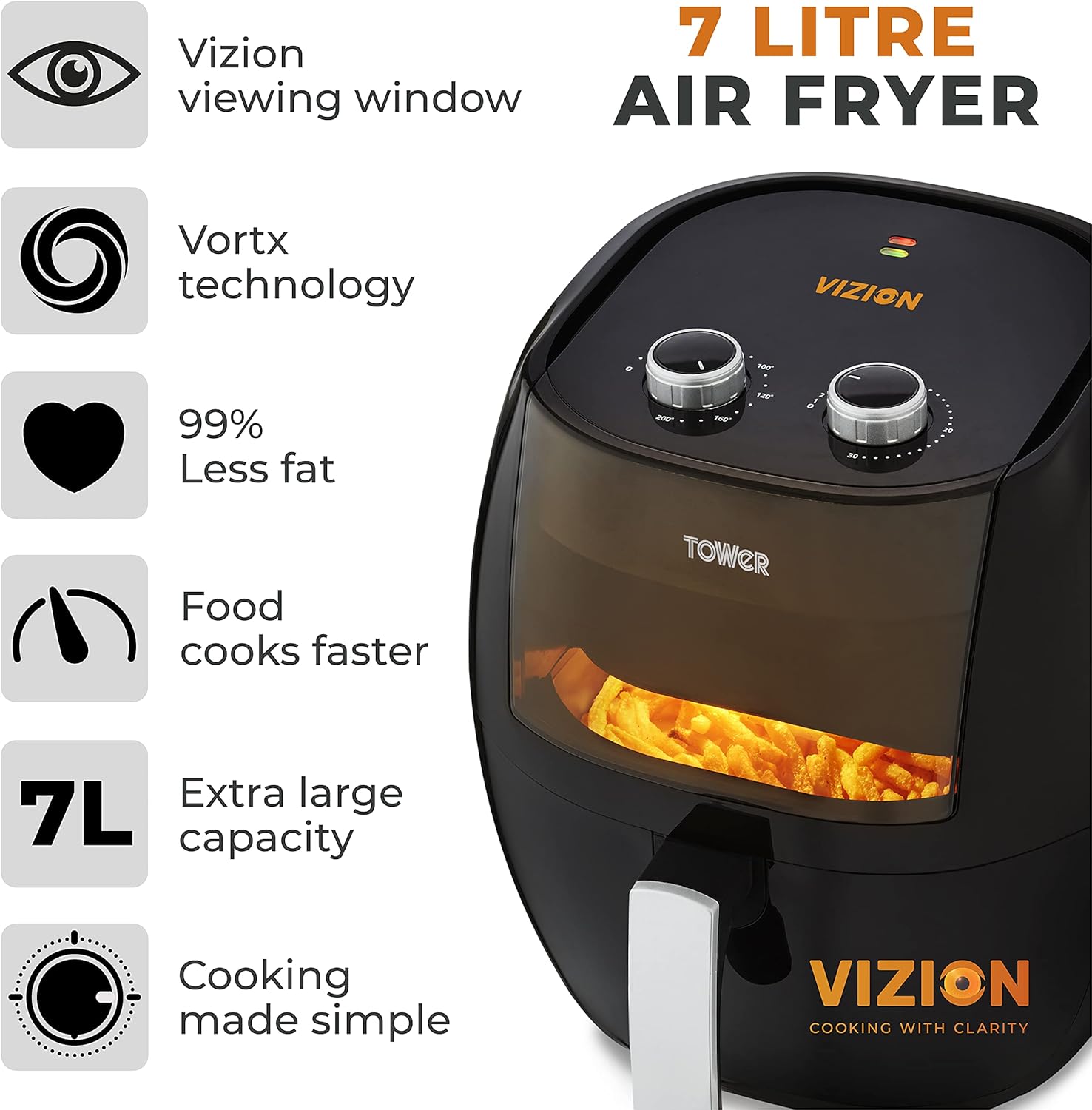 Tower Air Fryer features including Vizion window, Vortx technology, less fat, faster cooking, large capacity, and simple controls.