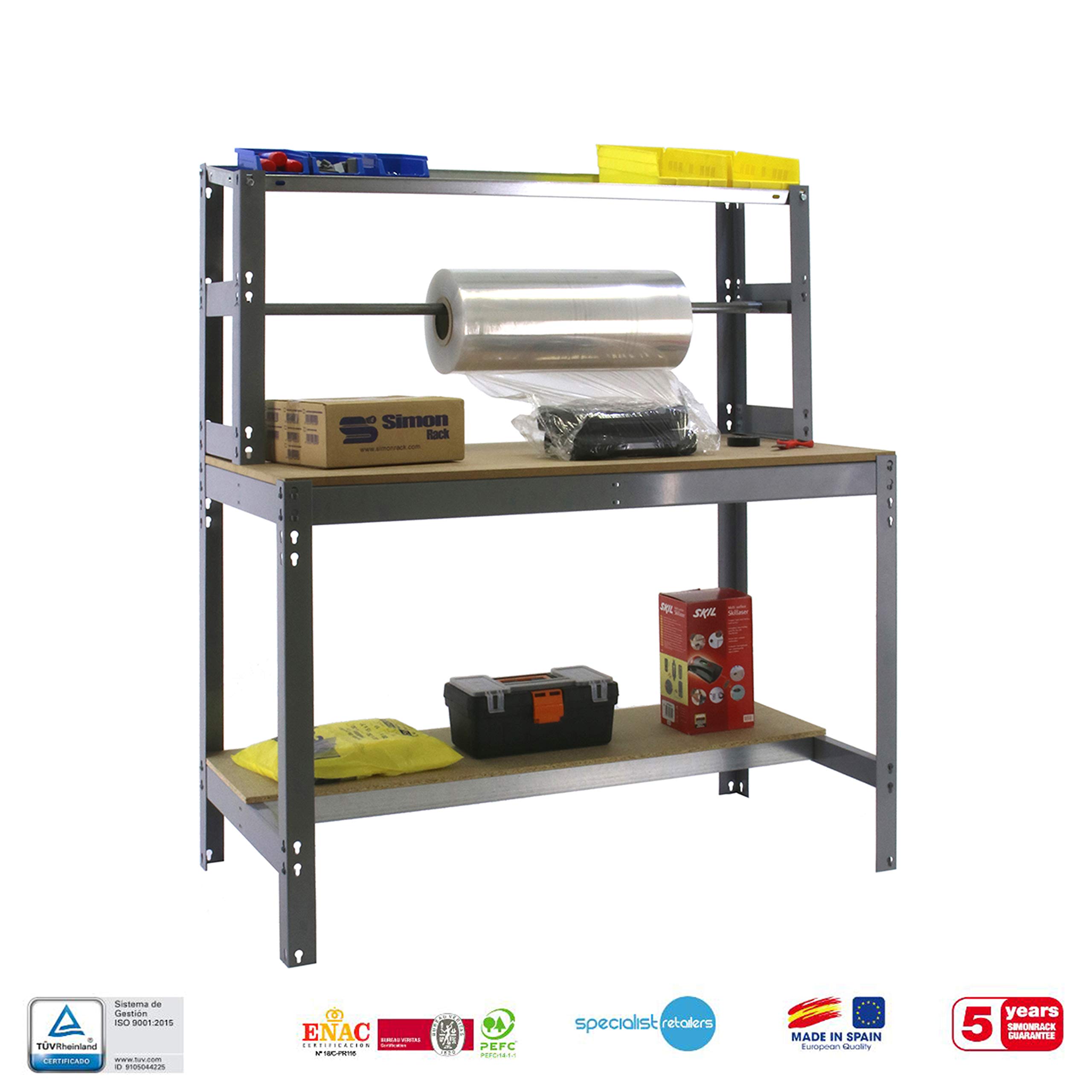 Simon Rack Banco de Trabajo con Porta Rollo 910x760 mm - BT4 | Porta Rollo, Tablero madera 16 mm, Capacidad Carga 400 kg, Gris , Pintura anticorrosión, Montaje sistema clic