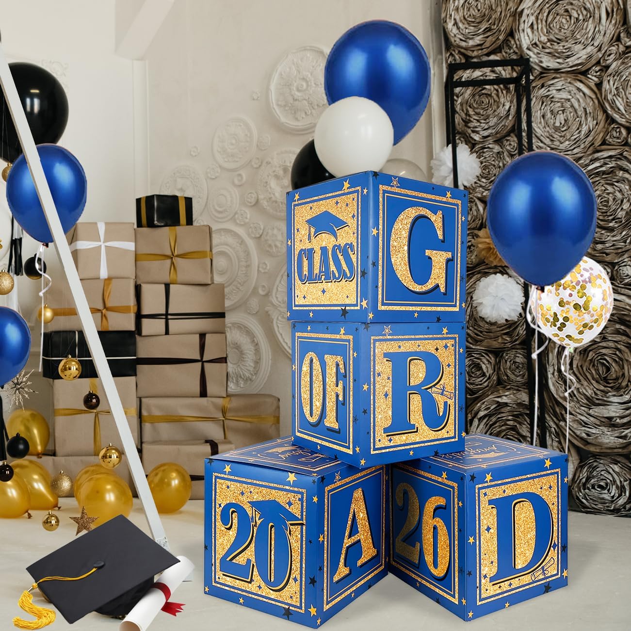 Black and Silver Graduation Decorations Class of 2026 Balloon Boxes with "GRAD" and"CLASS OF 2026" Letters Graduation Boxes for High School and College Announcements