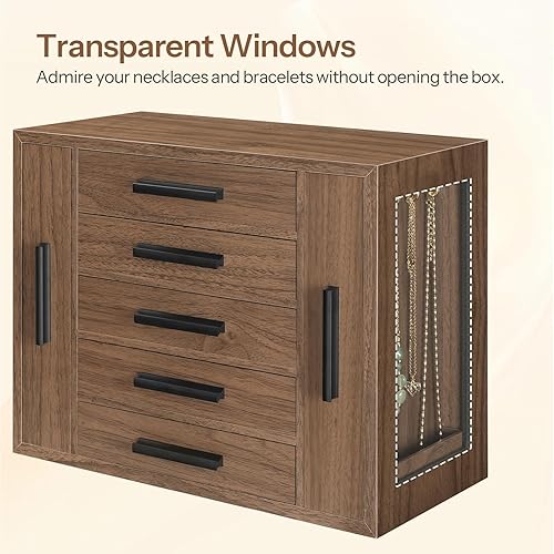 Miniatura 7 de HOOBRO Joyero de 5 niveles, organizador de joyas de madera con ventanas transparentes, caja de almacenamiento de joyas con 2 cajones verticales,