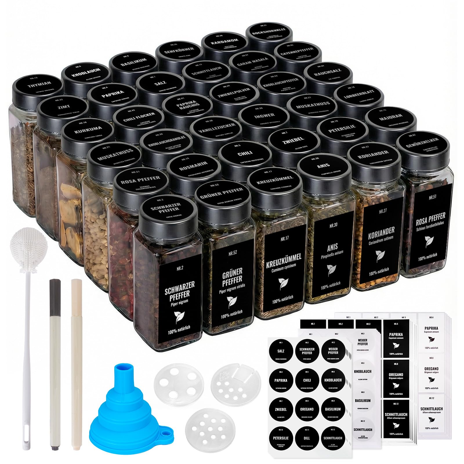 36pcs Pot A Epices, 120 Ml Bocaux Pour Rangement Epices Cuisine | Bocaux À Épices Avec Entonnoir, Brosse, Stylo Boite À Épices Verre Pour Rangement Épices Et Cuisine, Noir