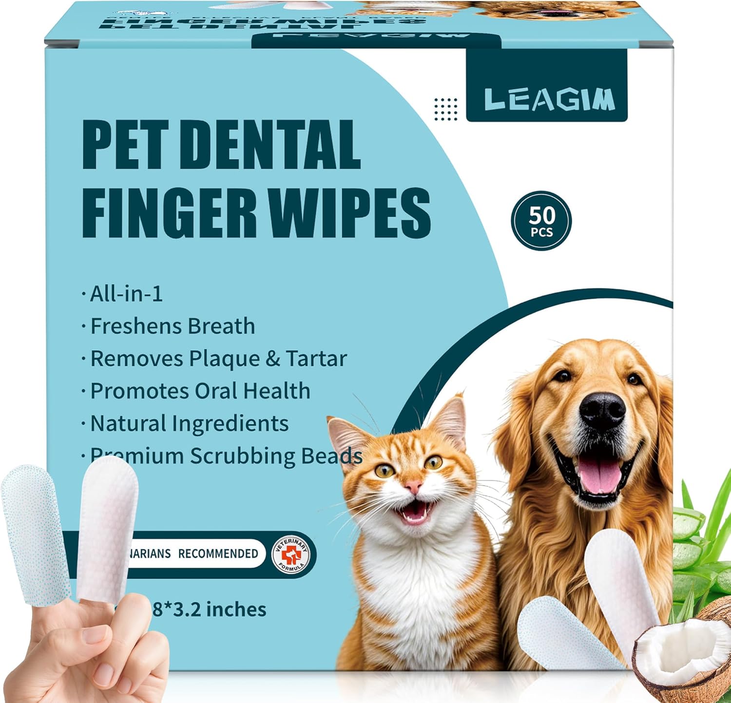 Dog Teeth Cleaning Wipes, Cat & Dog Toothbrush Brushing Kit, Dog Tooth Finger Dental Wipes to Remove Tartar & Plaque, Plant-Based Care Disposable Pet Wipes (50 Count, Uncented)