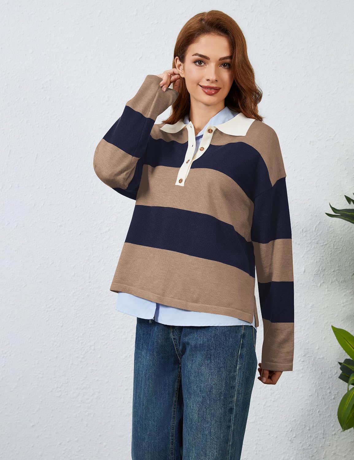 Women’s Rugby Shirt Striped Polo V Neck Long Sleeve Sweater Oversized Fall Sweatshirt Cute Half Button Pullover - Image 6