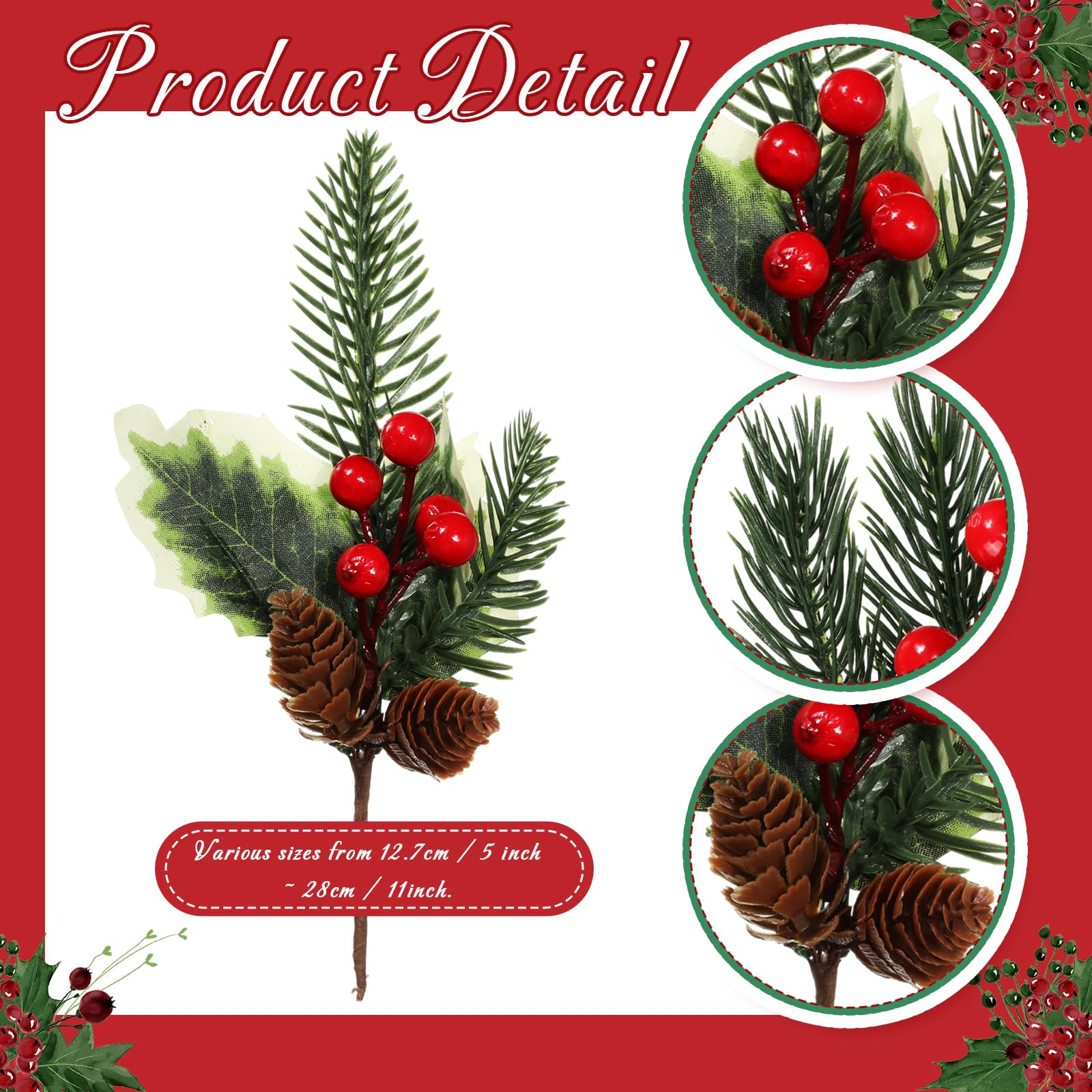 Lot de 40 pics de sapin de Noël artificiels avec branches de pin assorties avec tiges de sapin de Noël, fausses feuilles de houx pour couronne, guirlande, artisanat, décorations