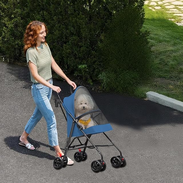 Cochecito plegable para perros, cochecito para perros y gatos con cesta de almacenamiento, 4 ruedas