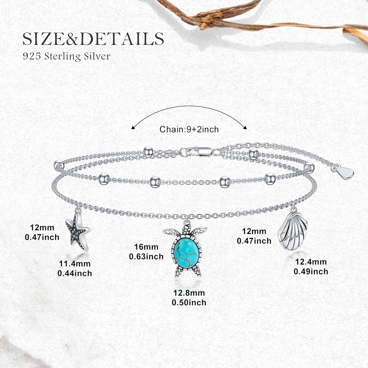 Sea Turtle Anklet 925 Sterling Silver Genuine Turquoise Gemstone Adjustable Layered Turtle Foot Bracelet Anklet Sea Life Jewelry for Women - Image 5