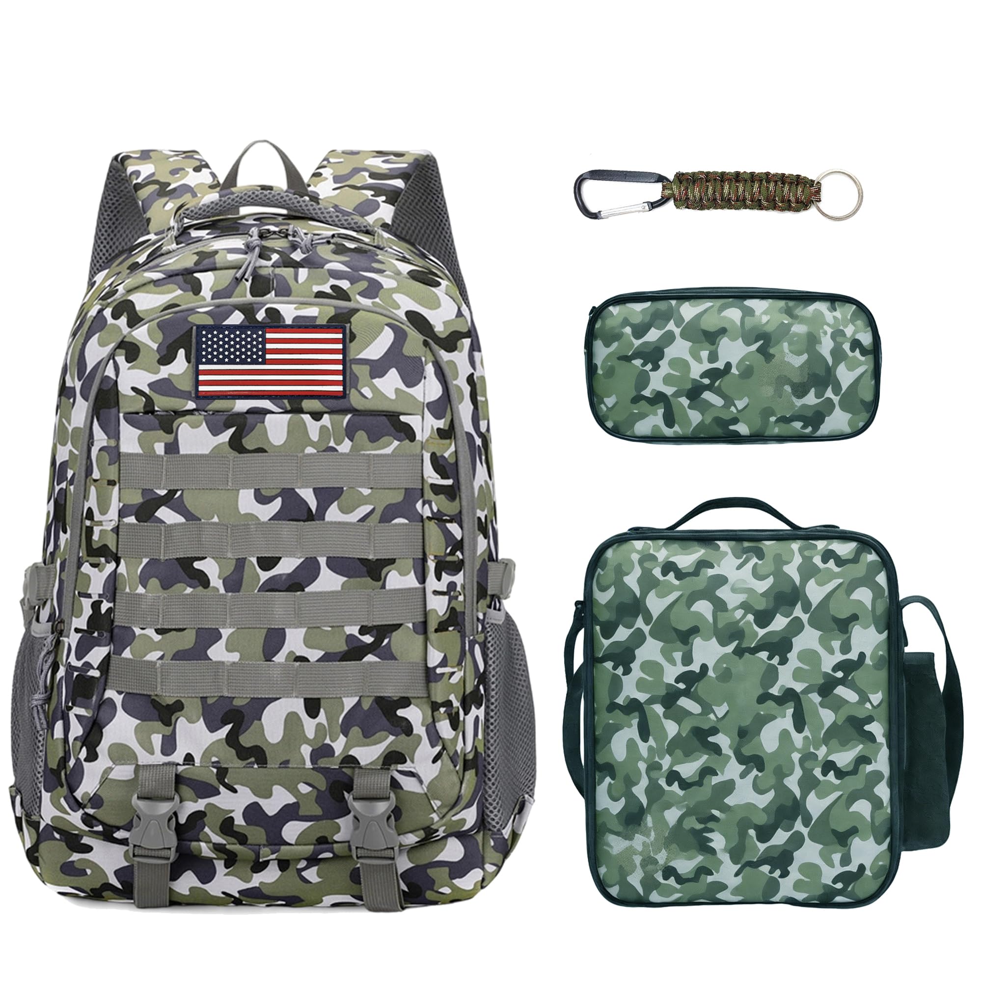 Camo Backpack for Boys, 19'' Boy Bookbag Set with Lunch Box &amp; Pencil Case