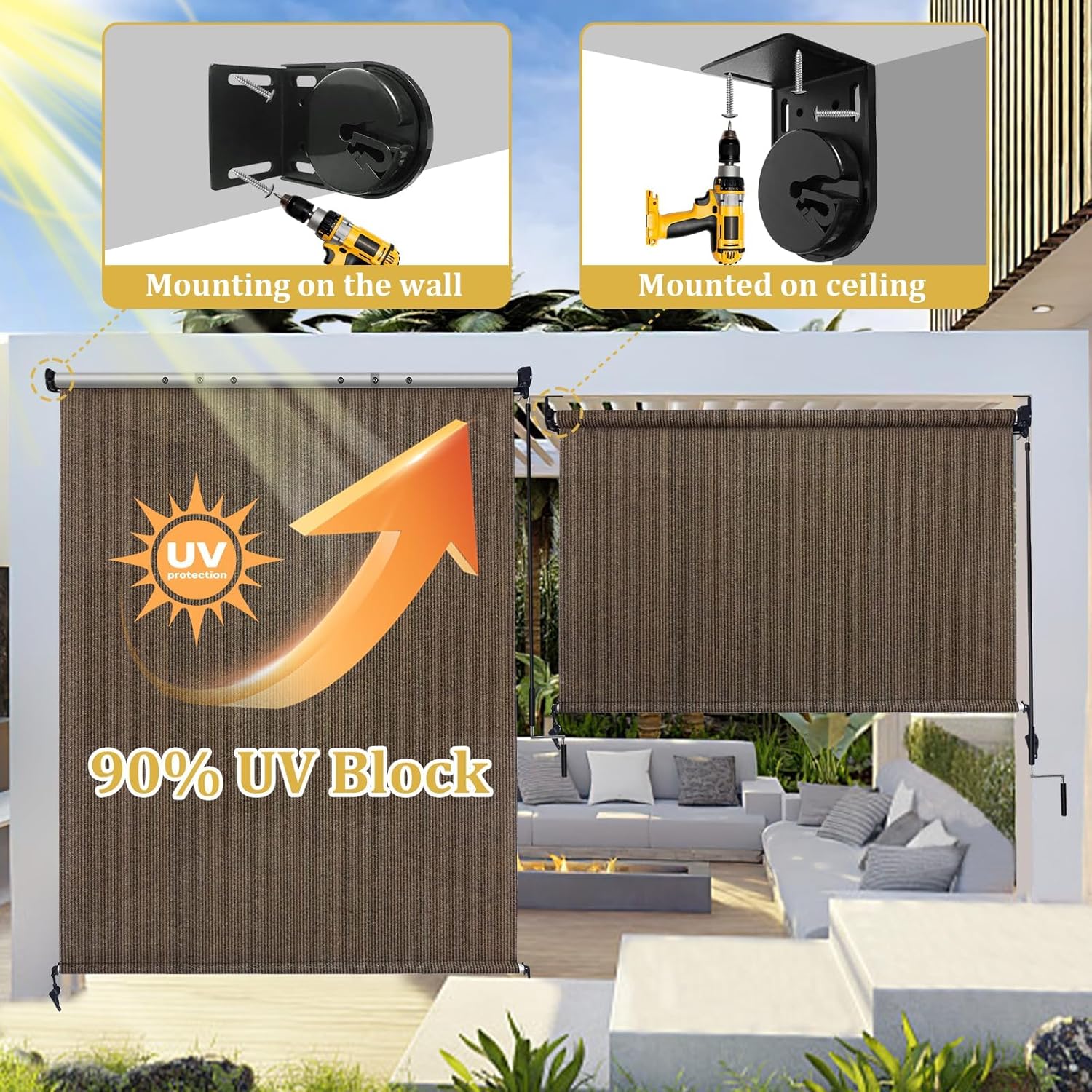 Shade&Beyond Outdoor Roller Shades 6' W x 6' H, Patio Roll Up Blinds 220 GSM Shade Cloth Roll for Porch Gazebo Pergola Balcony Backyard, Mocha