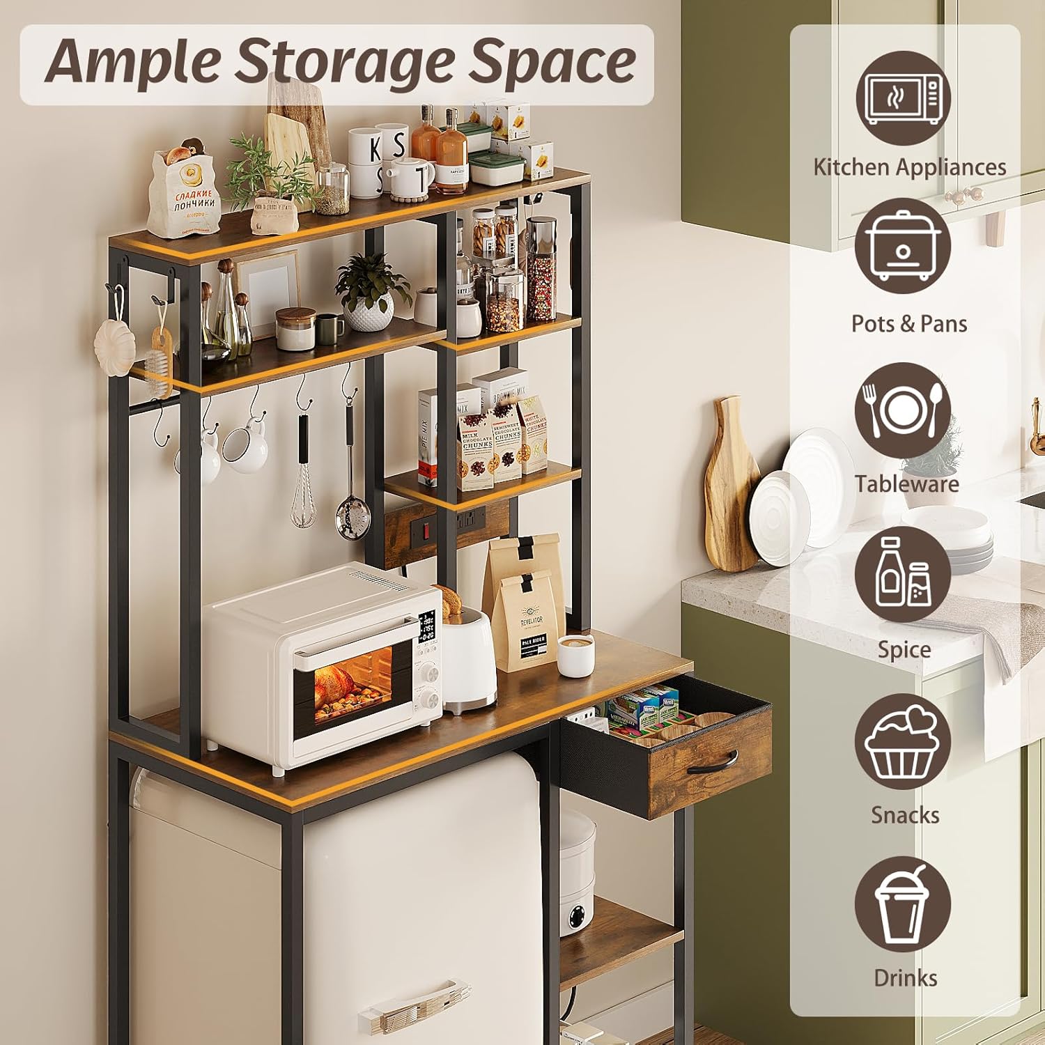 6-Tier Mini Fridge Stand with Power Outlet and Drawer, Freestanding Bakers Rack with Storage, Microwave Storage Shelf for Kitchen, Coffee Bar Organizer with Hooks (Rustic Brown)