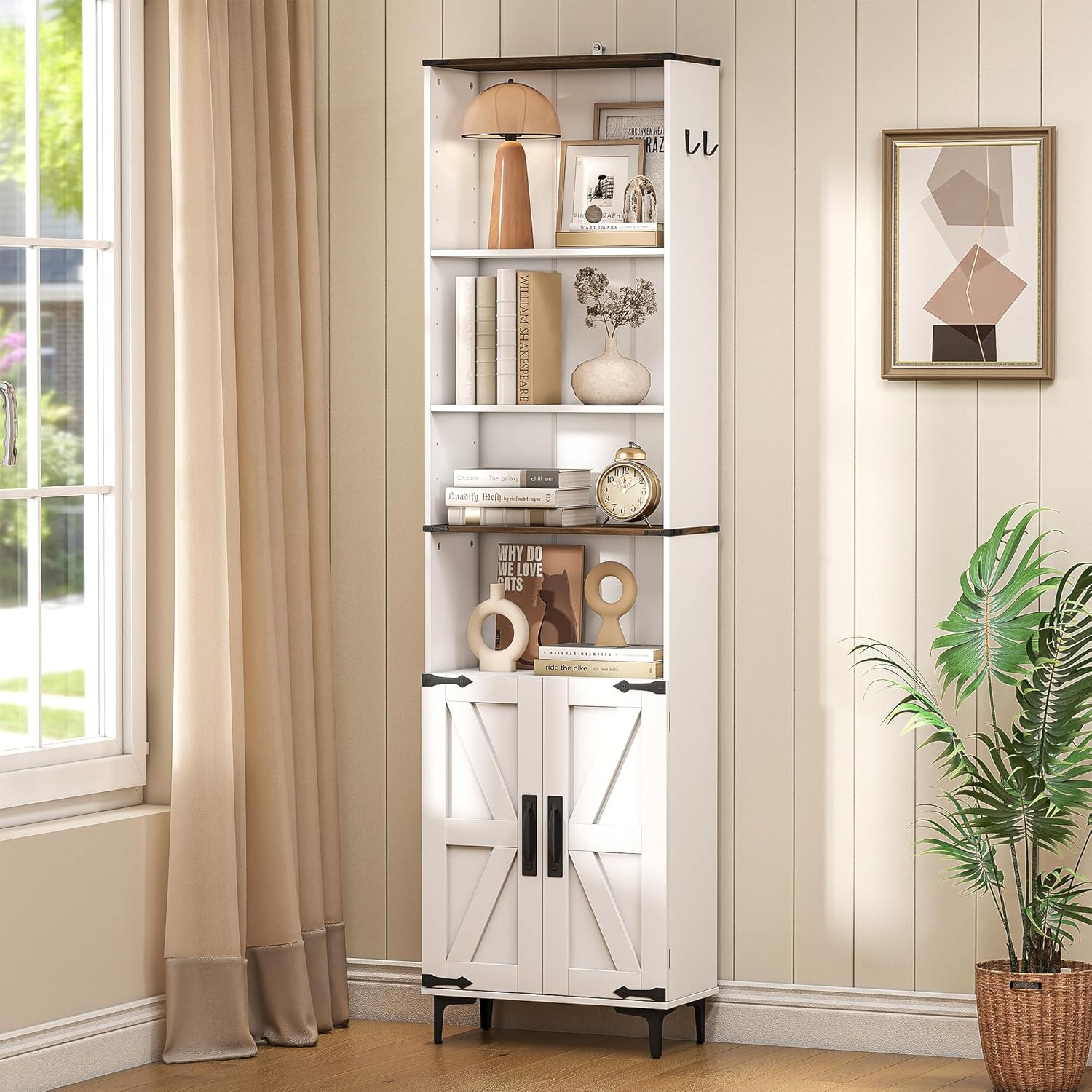 6 Tier Bookshelf with Doors and Adjustable Shelf, 72in Tall Bookcase with Storage Cabinet, White Farmhouse Bookshelves Wood for Living Room, Bedroom, Home Office