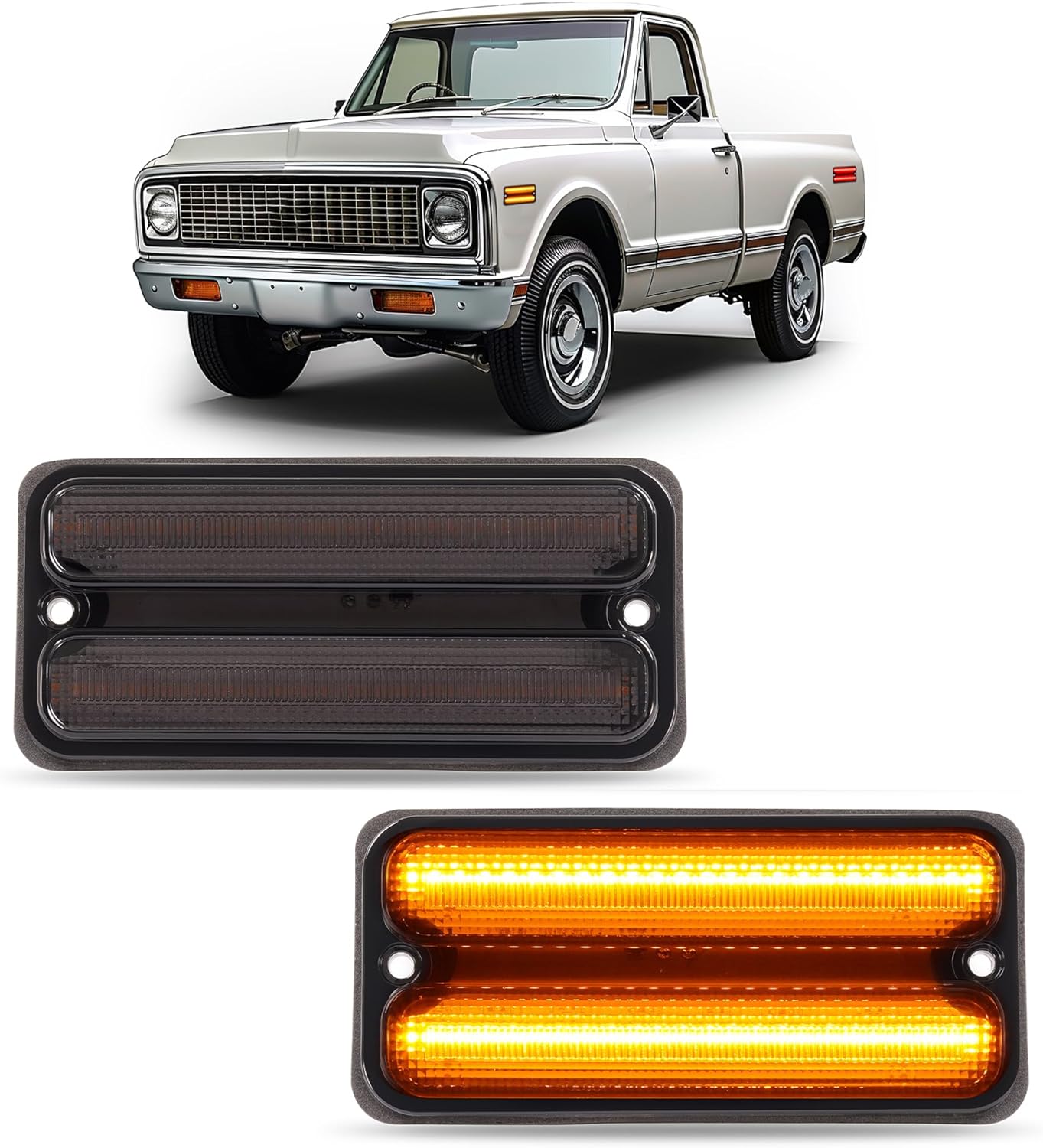 HECASA Front Bumper Side Marker Lights Compatible with 1967-1972 Chevy Chevrolet C10 C20 K10 Blazer GMC C15 C1500 K15 K1500 Pickup Suburban G10 G20 Van Fender LED Lamp Smoke Lens Amber Light 2PCS
