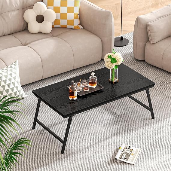 Folding Coffee Table for Living Room, Portable Low Table for Small Spaces, Rectangular Foldable Floor Desk with Leg Latches, No Assembly, for Home Office, 105×55×40 CM, Modern Black