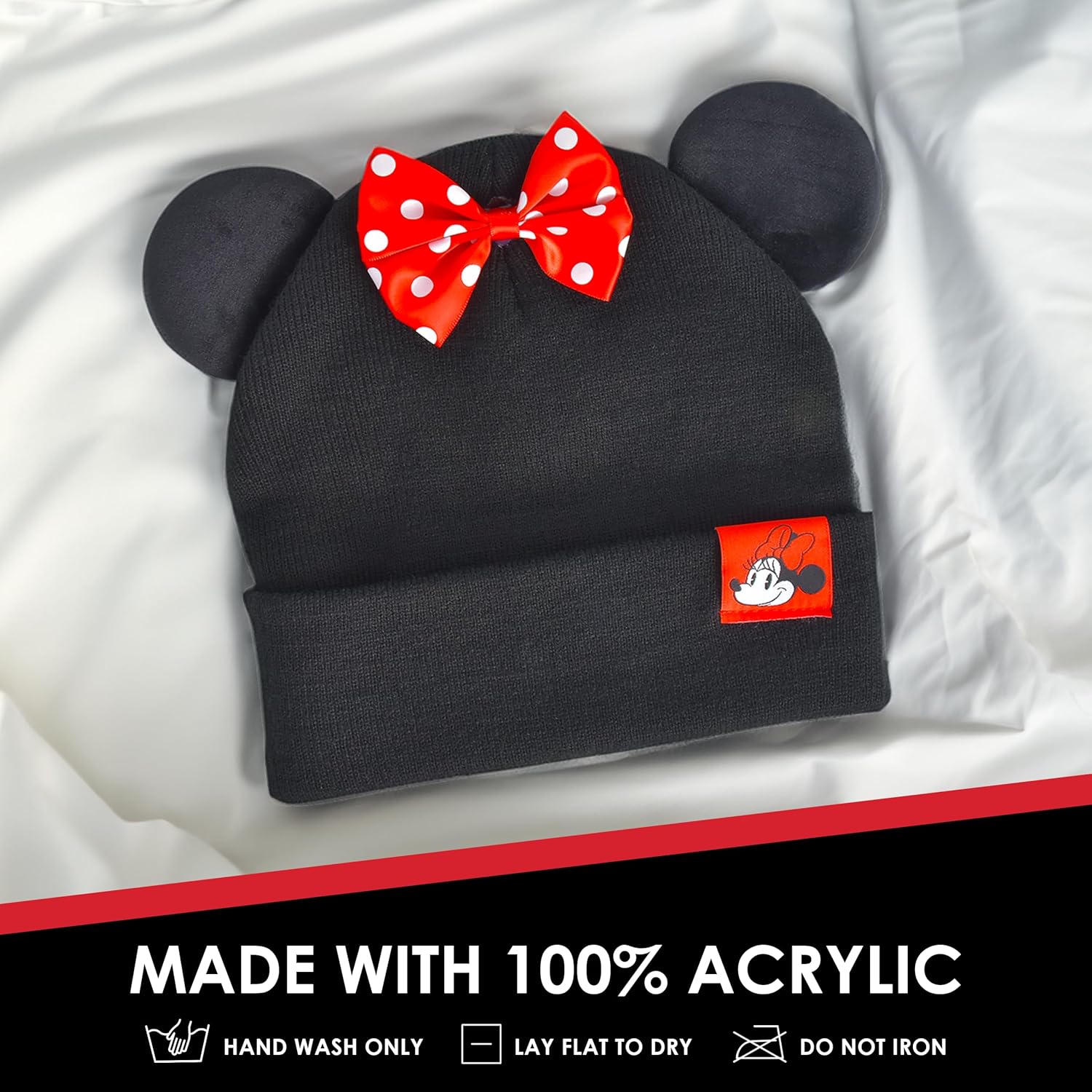 Disney Minnie Mouse Beanie Hat, Faux Fur Cuffed Winter Knit Cap with 3D Ears and Bow, Black, One Size - Image 5