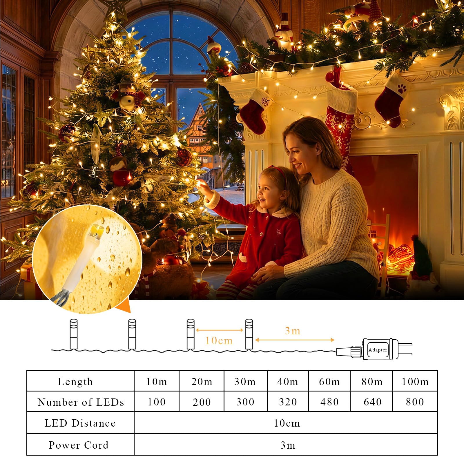 Guirlande Lumineuse Extérieure Électrique 100m Lumières de Noël avec Prise et Minuterie, 8 Modes IP44 Étanche - Blanc Chaud