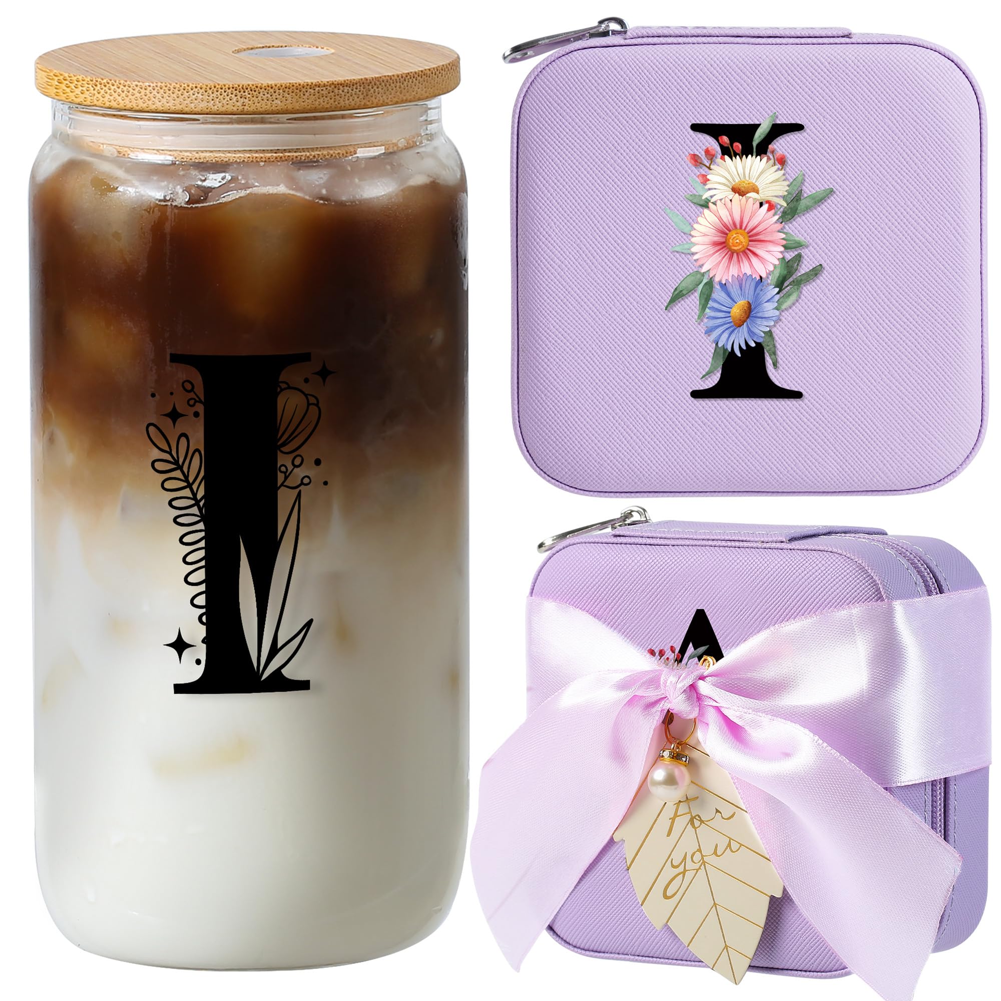 AYGXU Drinking glass with Bamboo Lids and Straw,Small Travel Jewelry Case, Organizer Storage Holder Boxes,iced coffee cups,Cute Tumbler Cup,teacher gifts for women,Initial I purple