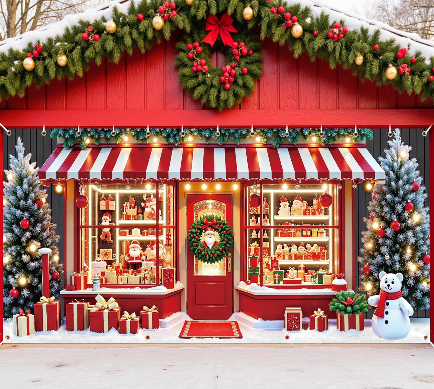Christmas Candy Cane Garage Door Cover Decoration, 16 x 7 ft Xmas Santa's Shop Garage Door Banner Covering Mural Backdrop Background, Christmas Holiday Party Wall Decor Indoor Outdoor