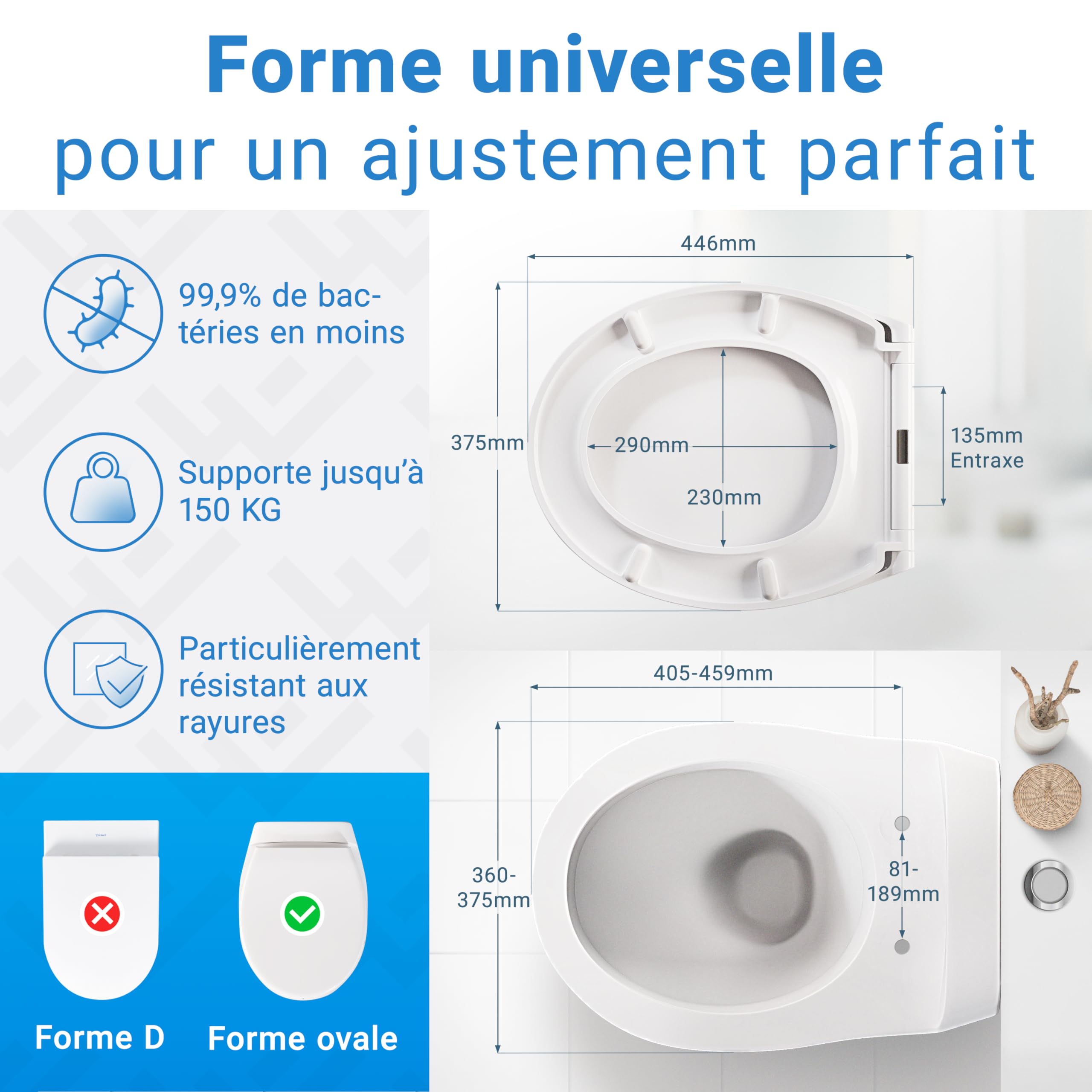 LOBENSWERK Abattant WC avec frein de chute [Montage facile] duroplast antibactérien UV résistant | Lunette de toilette clipsable universelle | Cuvette toilette ovale incl. gabarit d’installation