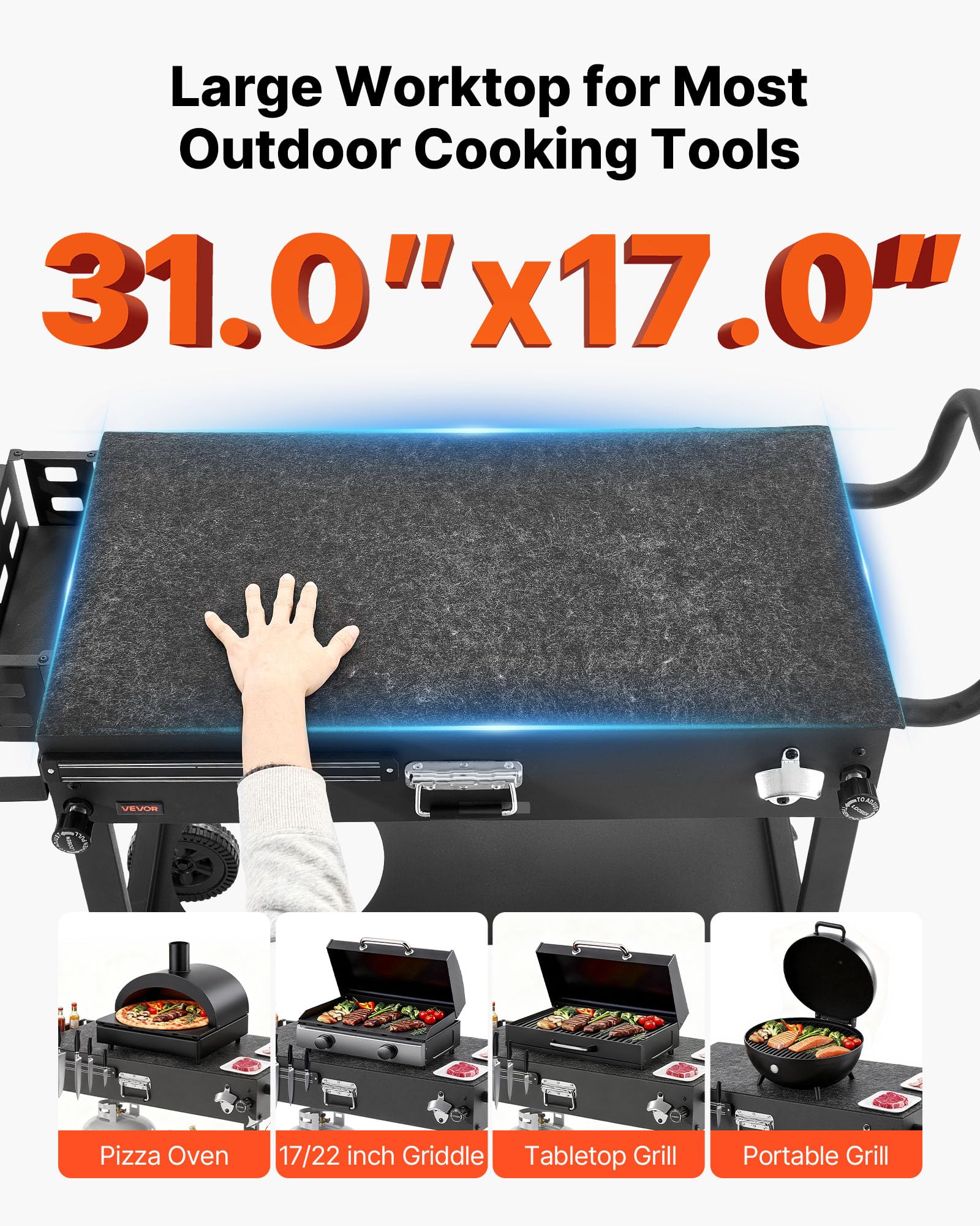 VEVOR Desserte de Jardin pour Plancha Pliable, Chariot de Barbecue Plan de Travail 78,7x43,2 cm, pour Préparation de Cuisine BBQ Terrasse Extérieur, avec Porte-essuie-Tout et Support pour Ustensiles