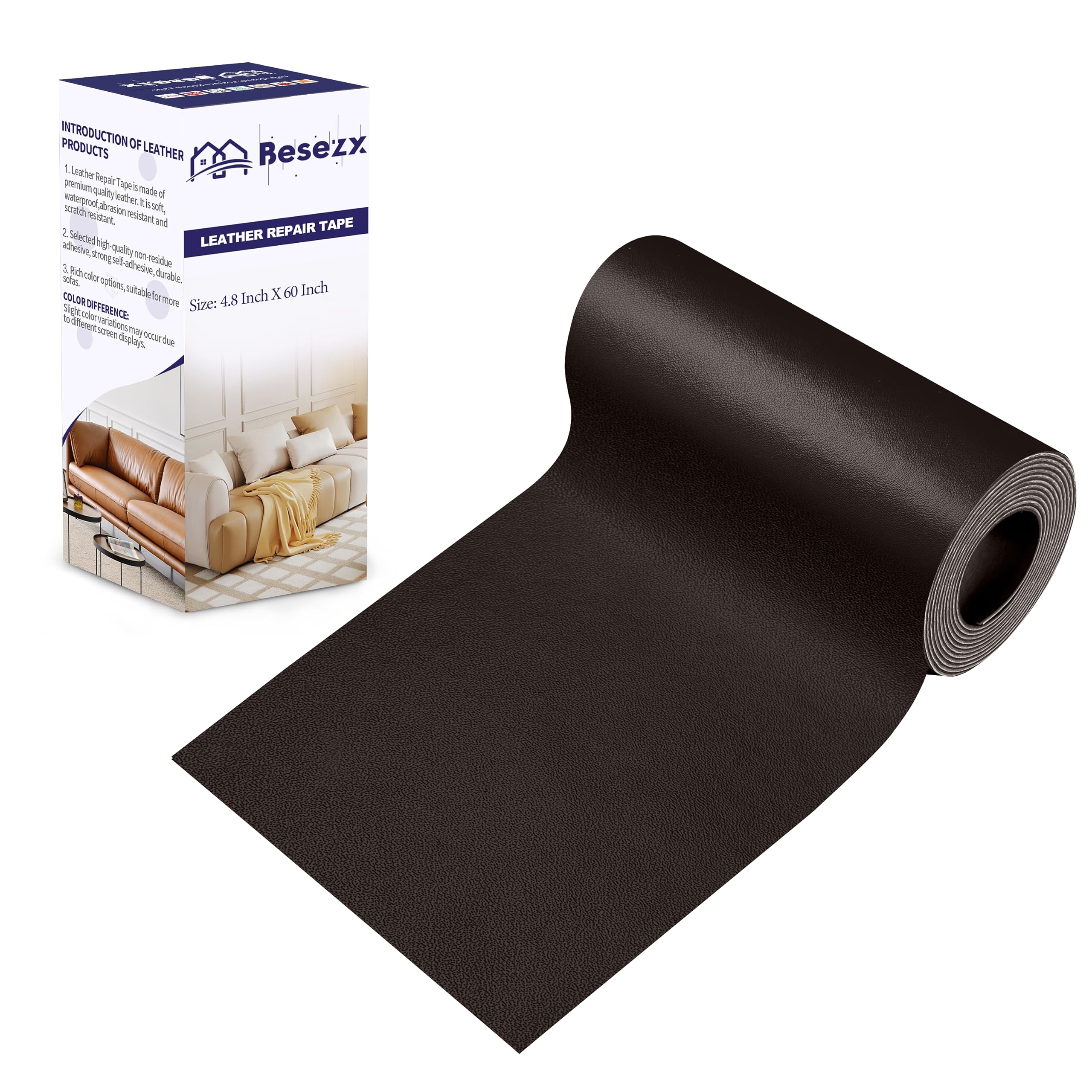 Besezx Leather Repair Patch Tape Kit, Self Adhesive Leather Repair for Furniture, Couch, Sofa, Car Seats,Office Chair,Vinyl Repair Kit.4.8inx60in