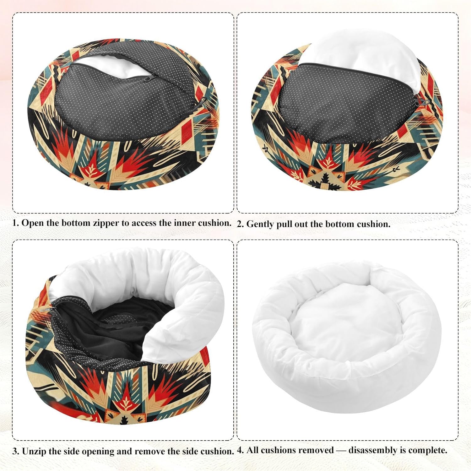 Dog Bed Ultra Soft Fluffy Comfortable Cat Bed, Indian Geometric Pattern Washable Dog Beds Anti-Slip Round Pet Beds for Medium Dogs