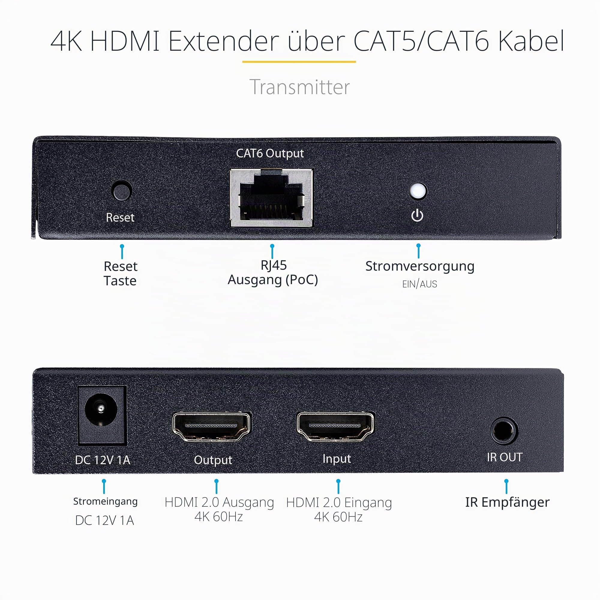 StarTech HDMI Extender über CAT5/CAT6, 4K 60Hz HDR, 70m, S/PDIF, IR, HDCP | Verlängerung, Power-over-Cable, 7.1 Audio, Digital Signage, Sender und Empfänger, Metallgehäuse