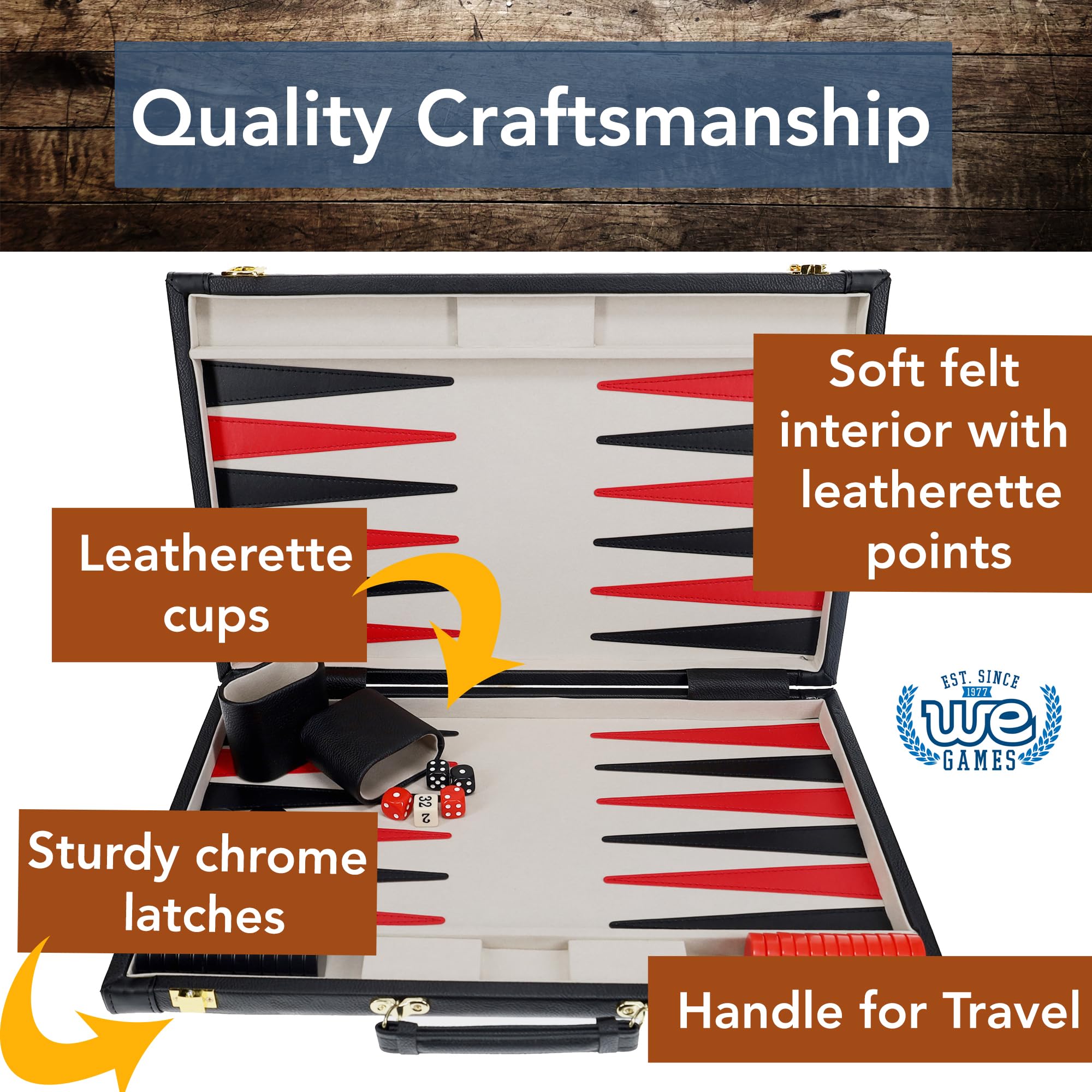 WE Games Set Backgammon, elegante custodia in similpelle nera, 53,3 x 31,8 cm, chiuso; 63,5 x 53,3 cm, giochi da tavolo aperto, famiglia e adulti, viaggio 2 giocatori gioco