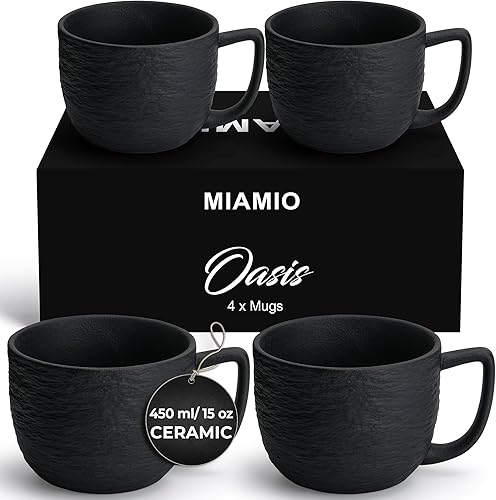 MIAMIO Juego de 4 tazas de café de 15 onzas, color negro mate para café, café con leche, capuchino y té, colección Oasis