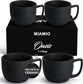 MIAMIO - Coffee Mug Set of 4 x 450 ml Cups/White Mugs Ceramic with Embossed Rock Texture for Coffee, Latte, Tea - Oasis Collection