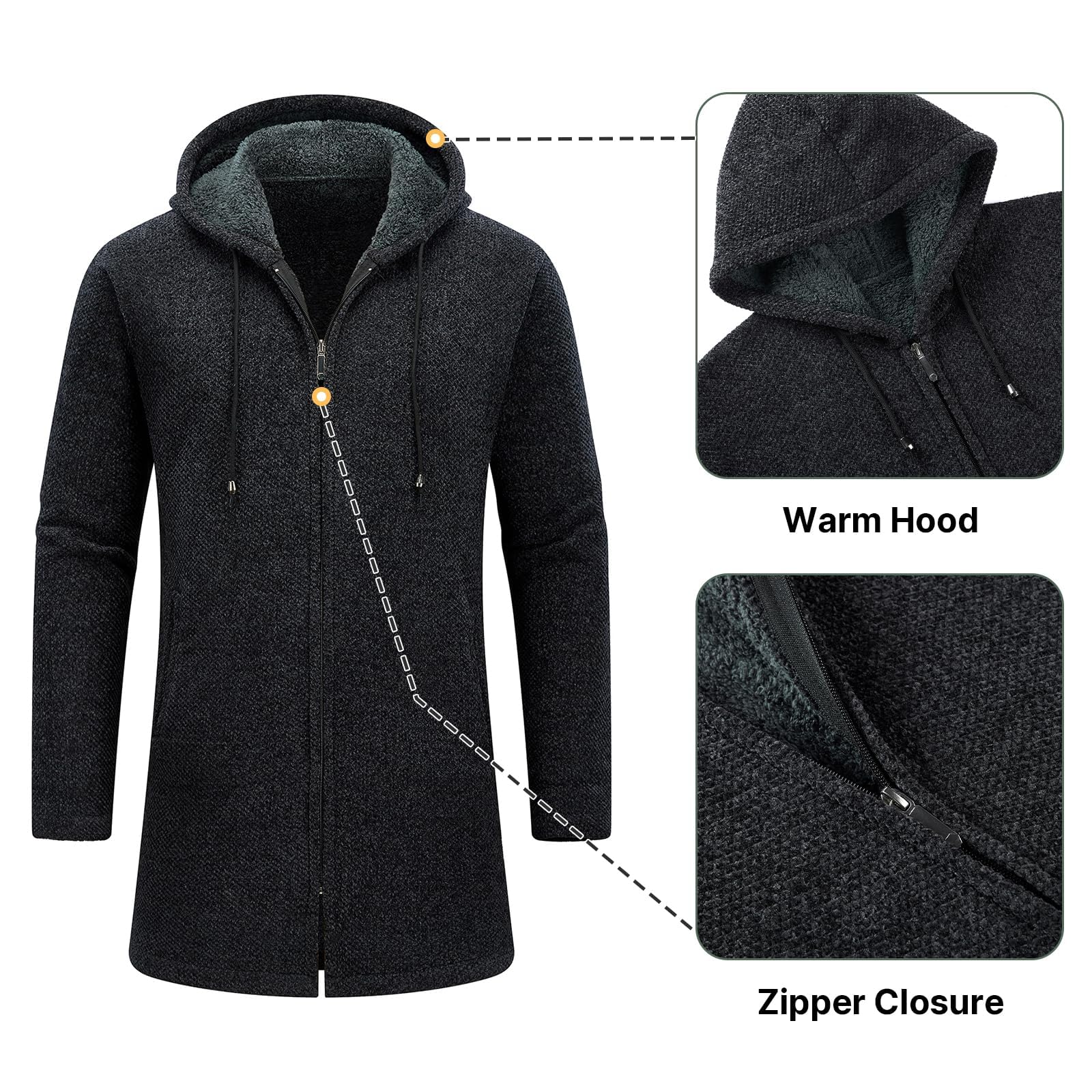 Cárdigan Hombre Largo Con Capucha y Cremallera - Suéter Chaqueta de Malla Sudadera Gruesa Casual