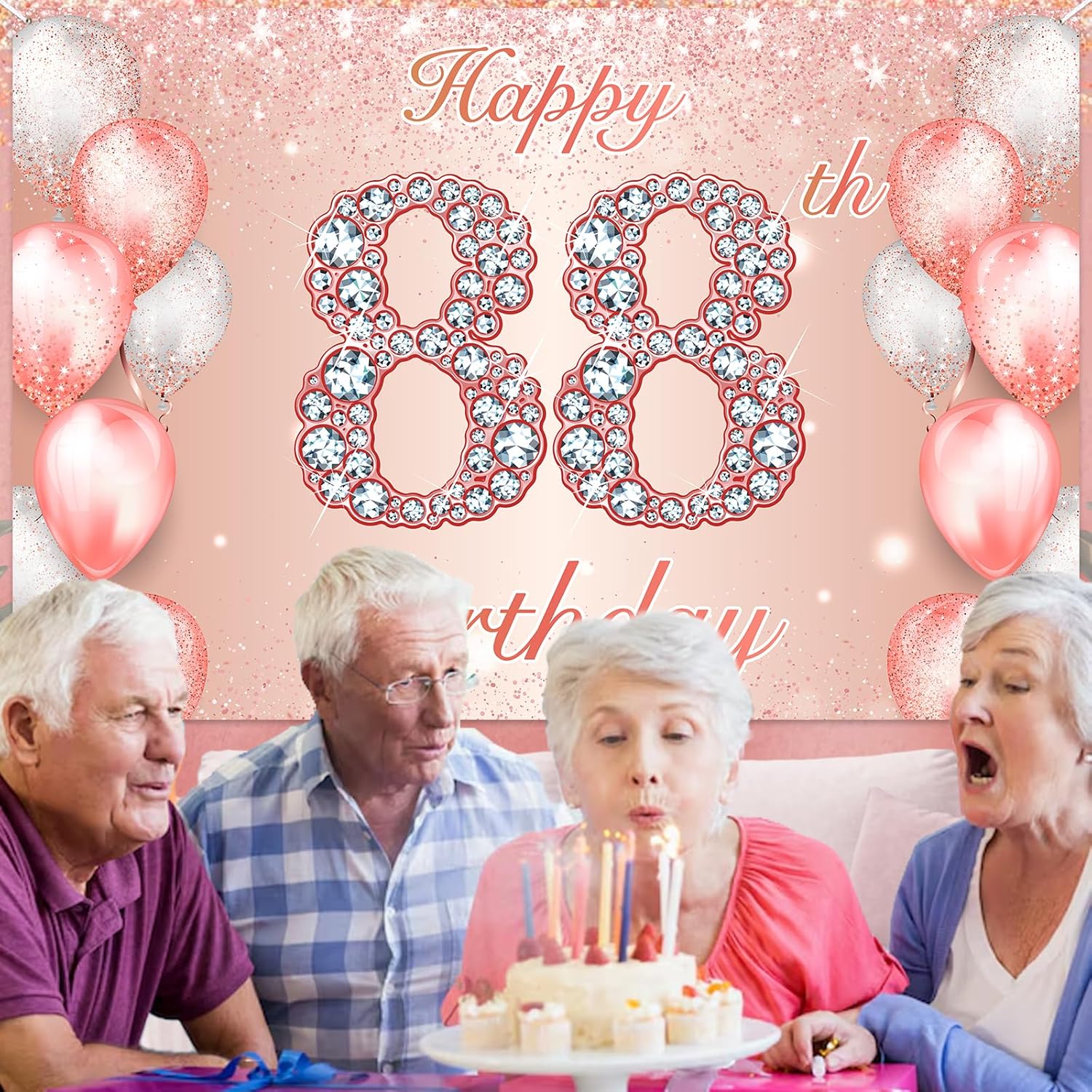 Happy 88th Birthday Rose Gold Banner Cheers to 88 Years Old Backdrop Confetti Balloons Theme Decor for Women 88 Years Old Pink Birthday Party Decorations Bday Supplies Background Favors Gift Glitter - Image 6