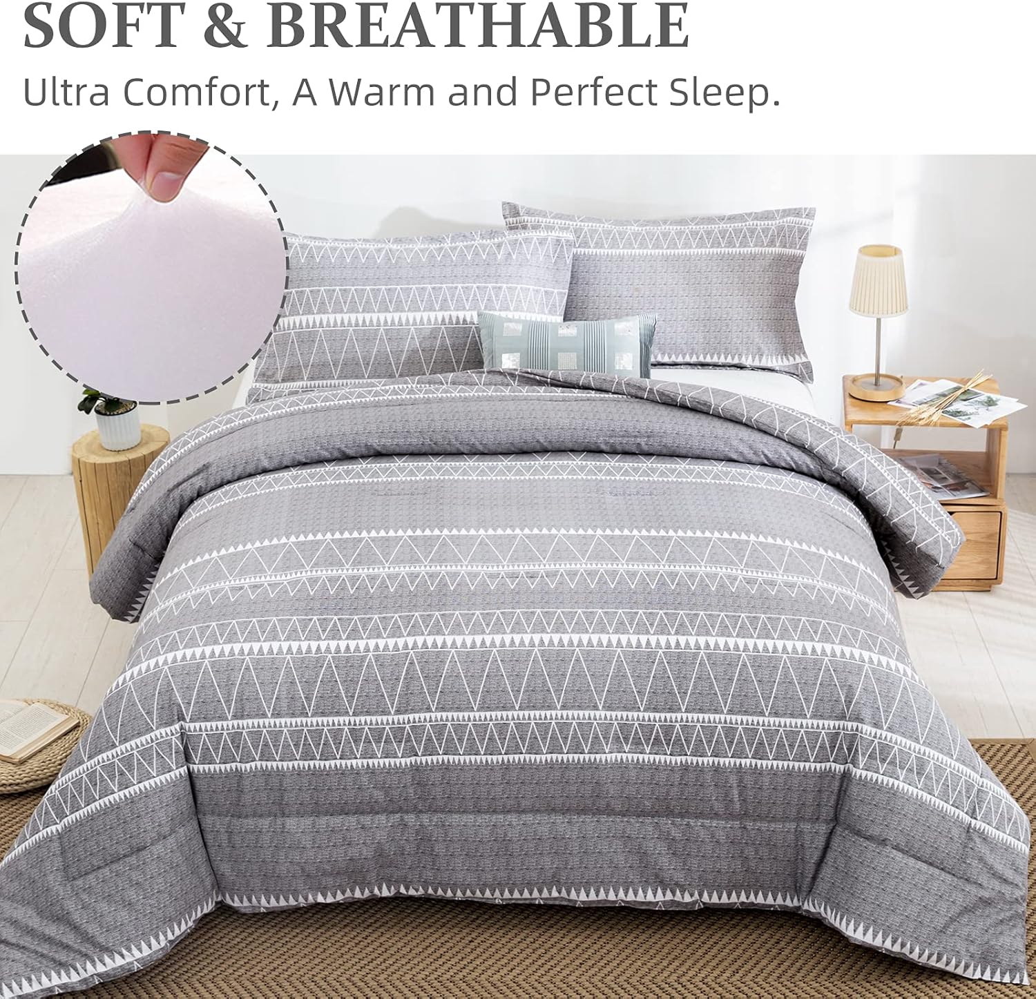 WONGS BEDDING Grey Comforter Set Queen Size, Soft Bohomian Comforter with 2 Pillowcases, Reversible Boho Striped Bedding Set Queen for All Season (90x 90)
