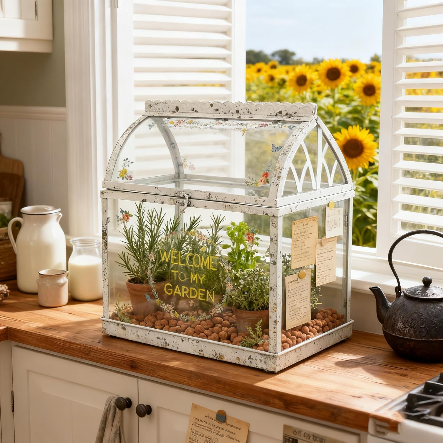 Large House Shape Glass Terrarium with Acrylic Lid, White Geometric Greenhouse - Style Planter for Ferns, Succulents, Air Plants, Handmade Indoor Tabletop Decor (Terrarium Only)