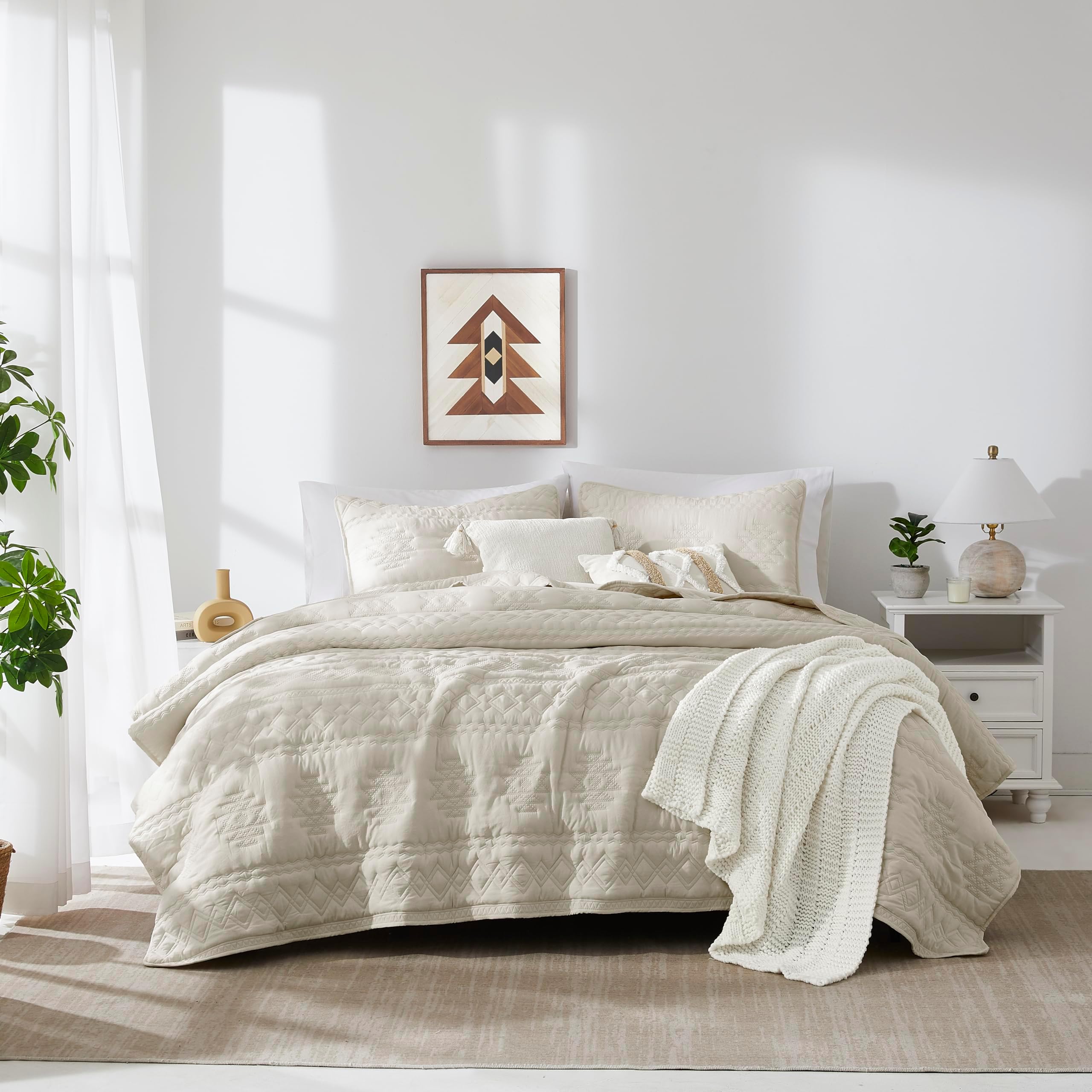 WDCOZY Beige Boho Quilt King Size Bedding Set with 2 Pillow Shams, Farmhouse Lightweight Soft Bedspread Coverlet for All Season, 3 Pieces, 104x90 inches