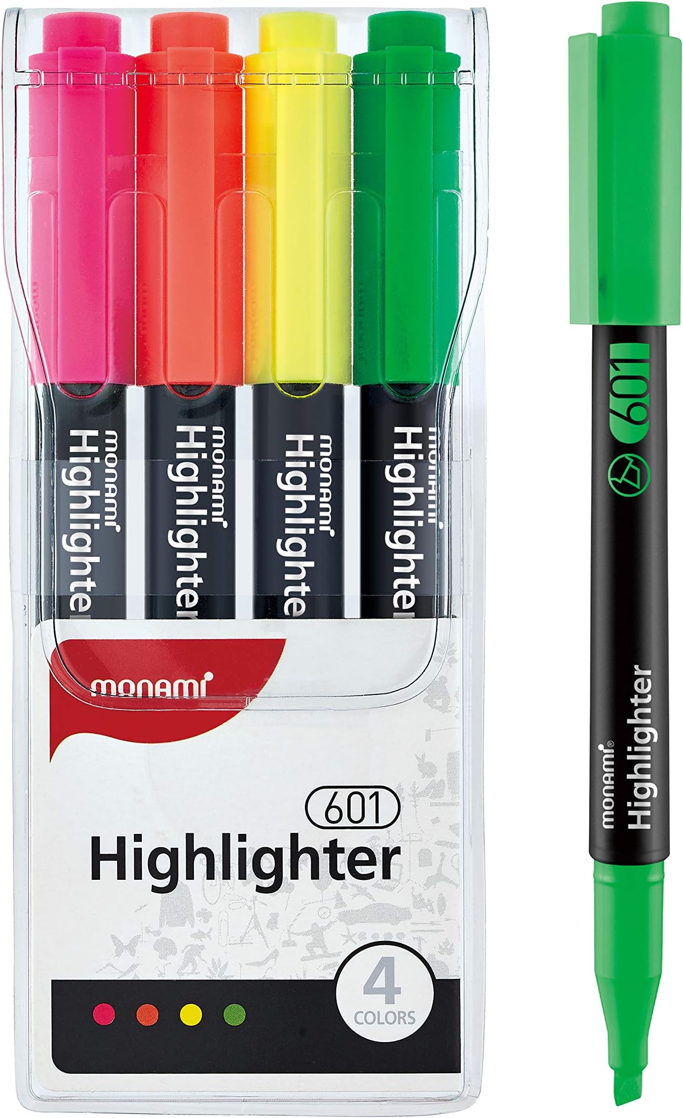 MONAMI Highlighter 601, Chisel Tip (1~4mm), Fade-resistant, Flouorescent Ink Highlighters, Assorted Colors, 4-Pack