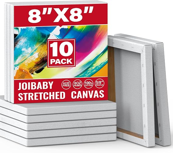 Stretched Canvas for Painting,10Pack 8X8 Inch Stretched White Blank Canvas,8 Oz Triple Primed 5/8 Profile Stretched Canvases,100% Cotton,Canvas for Painting, for Acrylics, Oils