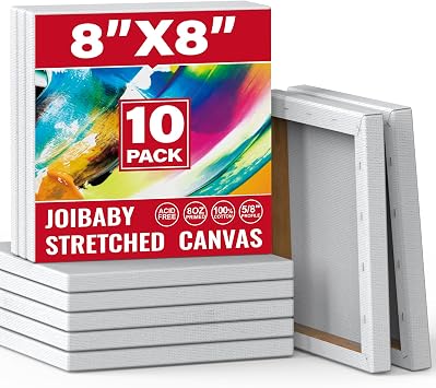 Stretched Canvas for Painting,10Pack 8X8 Inch Stretched White Blank Canvas,8 Oz Triple Primed 5/8 Profile Stretched Canvases,100% Cotton,Canvas for Painting, for Acrylics, Oils