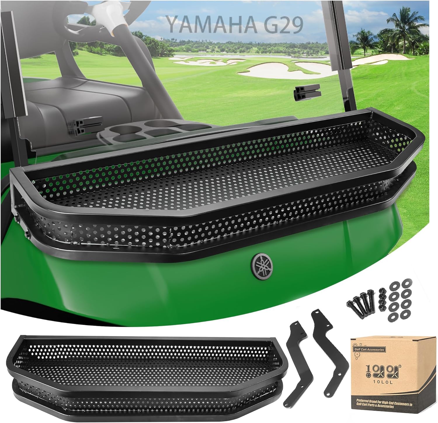 10L0L Golf Cart Front Cargo Basket for EZGO TXT/RXV、Club Car DS/Precedent、Yamaha G22/G29 - Heavy-Duty Steel Mesh Storage Rack, Gas/Electric Compatible