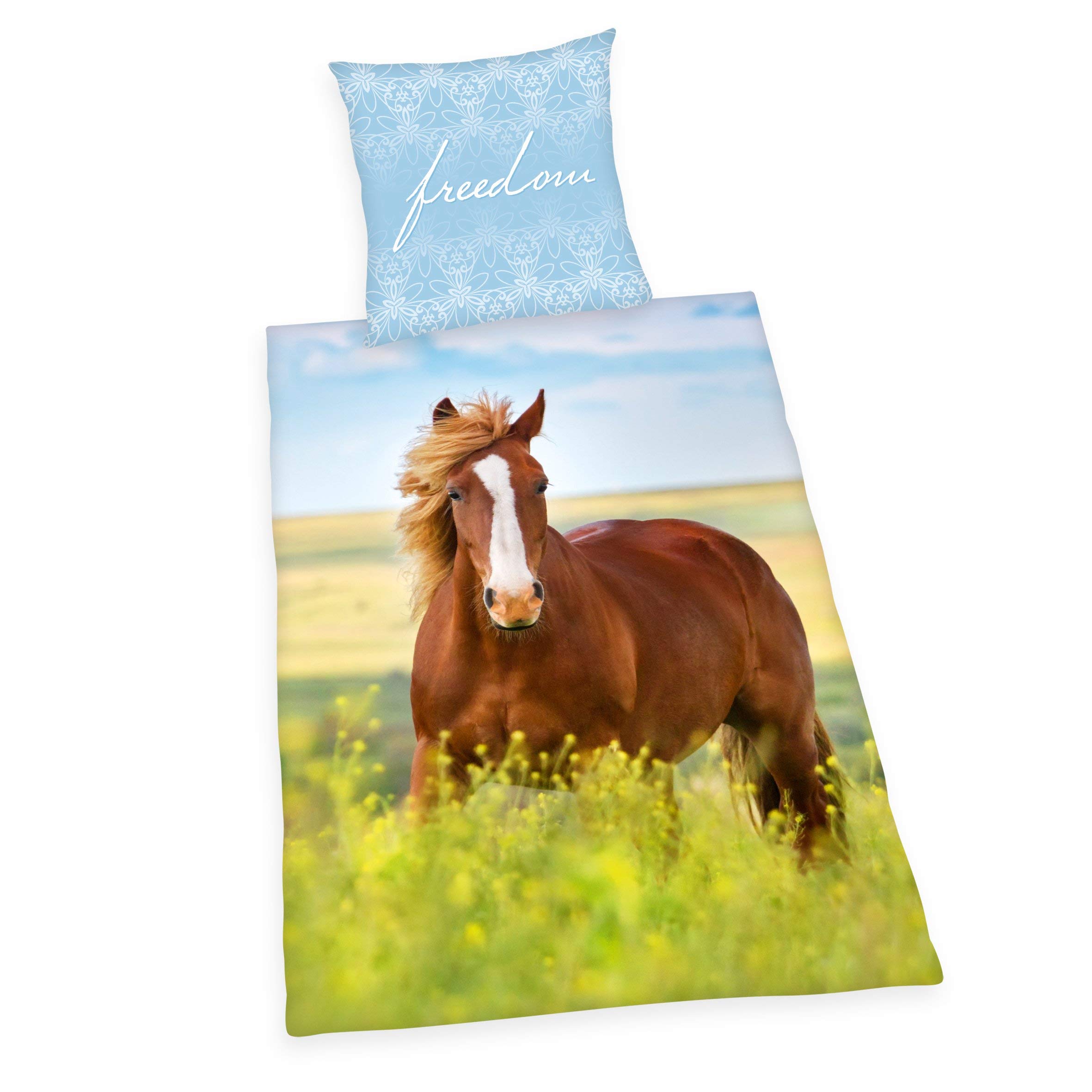 Herding Young Collection - Juego de Funda nórdica y Funda de Almohada (140 x 200 cm y 70 x 90 cm, algodón), diseño de Caballo, Algodón Franela., Multicolor, Deutsche Größe