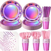 Iridescent Hot Pink Holographic Plates & Napkins Set for 25 Guests - Disposable Party Tableware for Mermaid, Unicorn, Birthday & Disco Parties