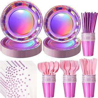 Iridescent Hot Pink Holographic Plates & Napkins Set for 25 Guests - Disposable Party Tableware for Mermaid, Unicorn, Birthday & Disco Parties