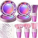 Iridescent Pink Party Supplies Decorations Serve 25, Hot Pink Holographic Paper Plates and Napkins Set, Disposable Pink Paper Plates Cups Knives Spoons Fork for Mermaid Disco Kpop Birthday Party Decor