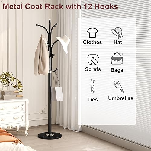 Miniatura 5 de HOMEFORT Perchero, árbol independiente con base de mármol natural, árbol de pasillo de metal con 12 ganchos para colgar sombrero, ropa, bolsa