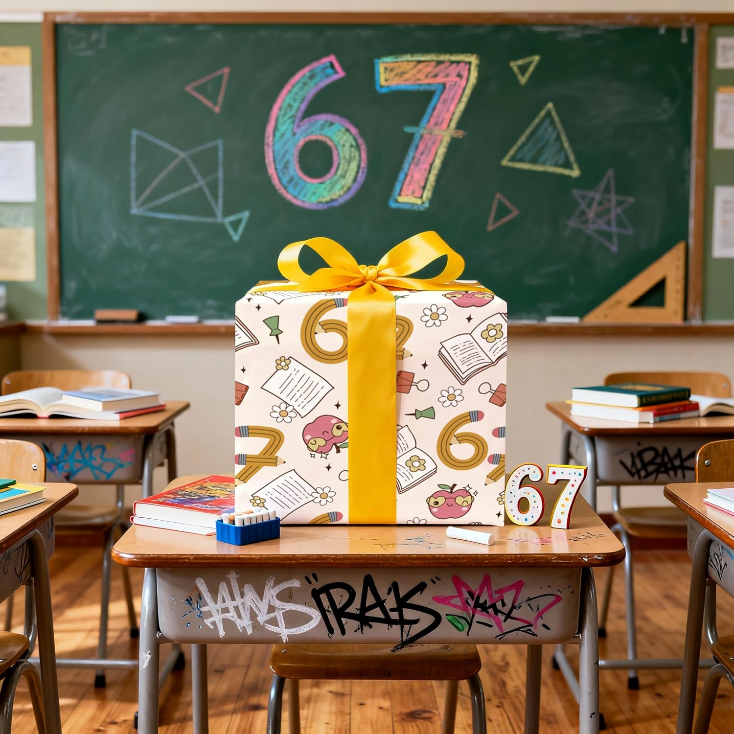 LeZakaa 67 Meme School Supplies Wrapping Paper Roll, Pencil Book Apple Classroom Six Seven Design Birthday Gift Wrap for Kids Teens Students Parties, Mini Roll 17 in x 16.4 Ft image 5