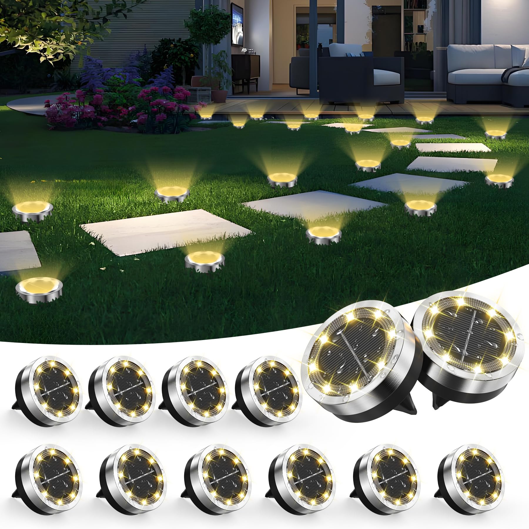 Dankeled Solar Lights Outdoor Garden, 12 Pack 8 LED Solar Ground Lights Warm White, IP65 Waterproof Ground Disk Lighting, Garden Solar Floor Light for Pathway Lawn Yard Patio Landscape Walkway
