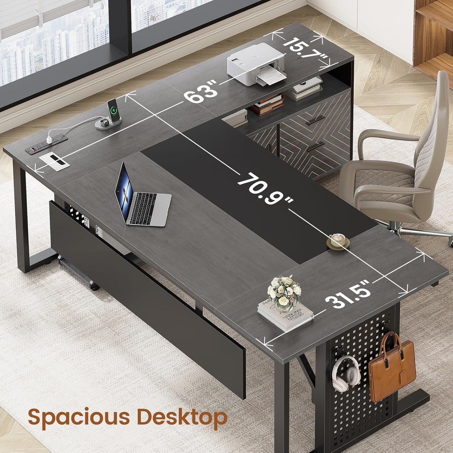 SEDETA 71" Executive Desk with Rolling File Cabinet, Large Office Desk with Drawers, L Shaped Computer Desk with Power Outlets, CPU Stand, Pegboard and Storage Shelves, Gray