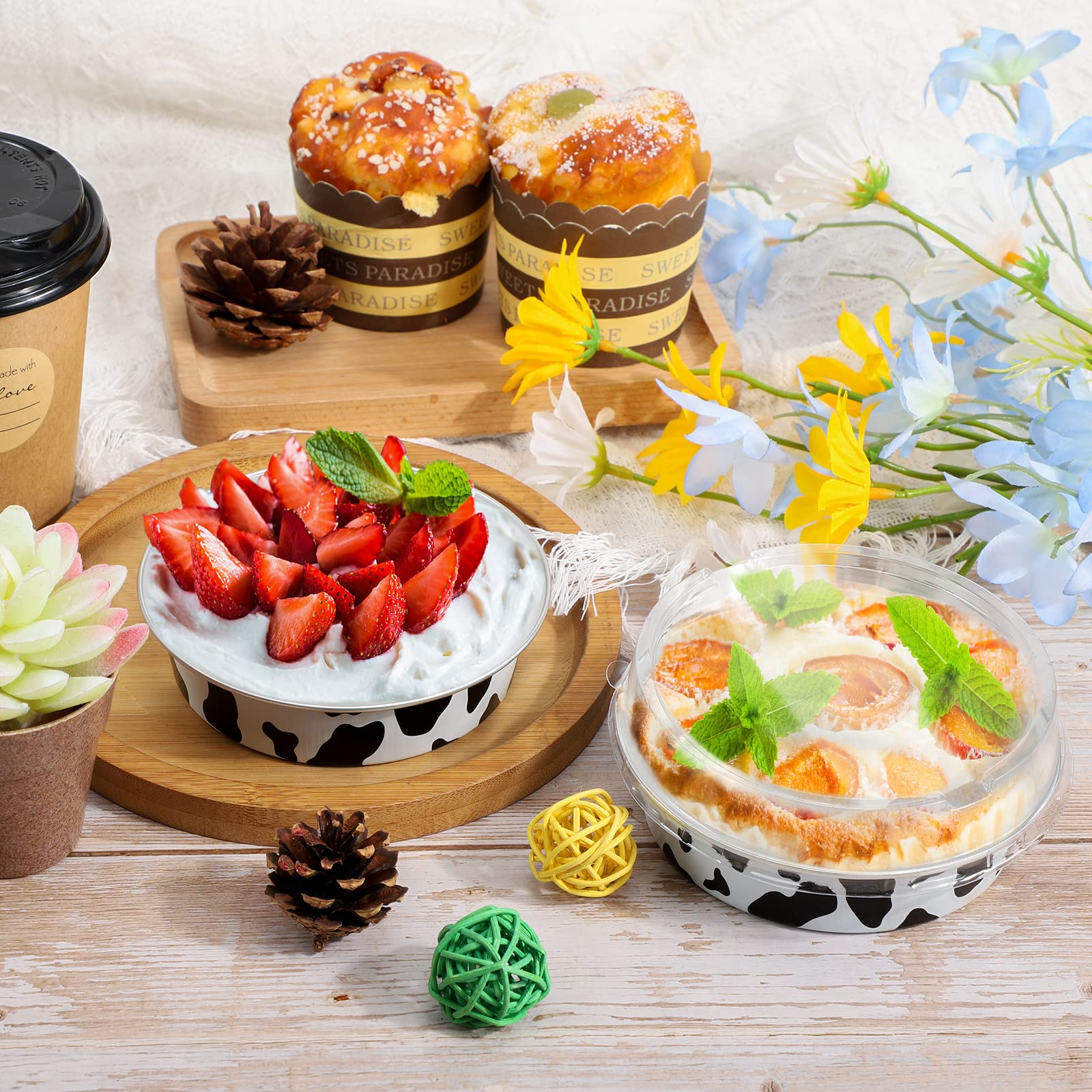 Beasea 100 szt. mini foremek do ciast jednorazowych 10 cm z pokrywkami, aluminiowe, czarno-białe, do muffinek, sernika, quiche