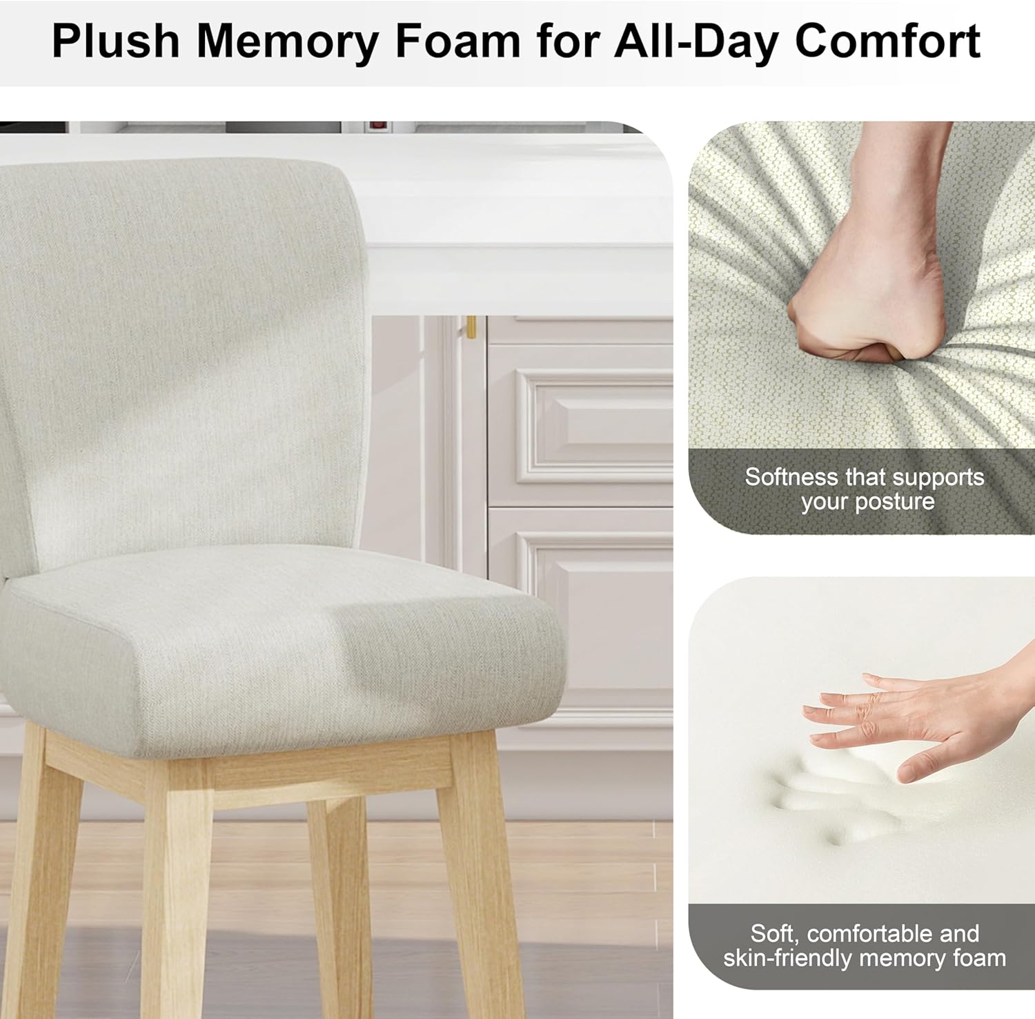 MUUEGM Counter Height Bar Stools Set of 2，360° Swivel Upholstered Bar Stools Set of 2 with High Backrest, 26" H Seat Height, Modern Barstools for Kitchen Counter, Bar, Fabric in Ivory White