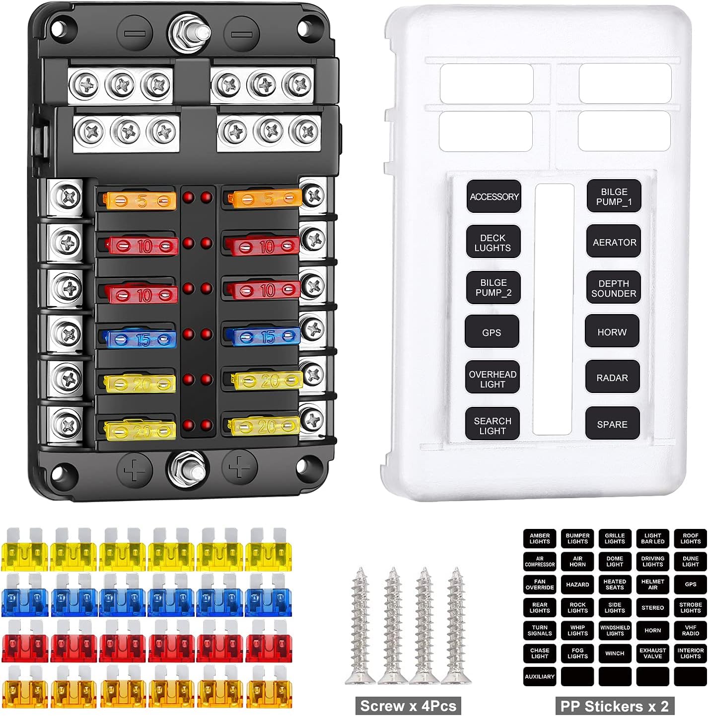 Extractme 12 Way Blade Fuse Block with Negative Bus, 12 Circuit Fuse