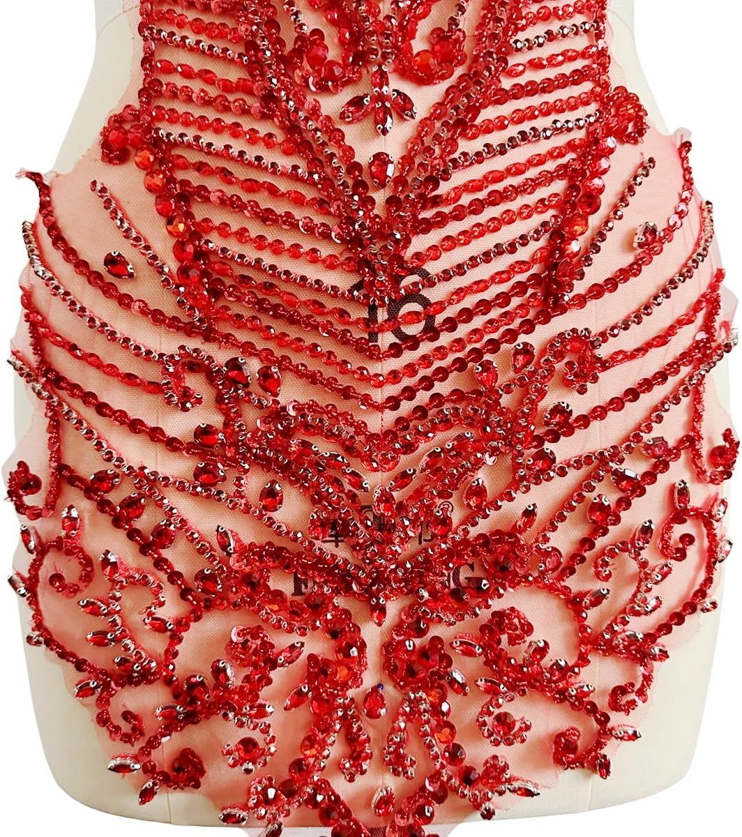 Large Size Rhinestones Beads Bodice Applique handsewing Shining Acrylic Stones Trim lace Patches for Wedding Graduation Dress Accessories 31X13.7inches (Red)